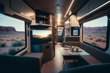 Luxury futuristic Tesla RV van. Living on the road concept, electric car for sustainable development.