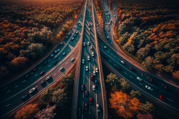 Aerial view of major highway crossroad intersection. 
Concept of transportation and infrastructure. Generative ai.