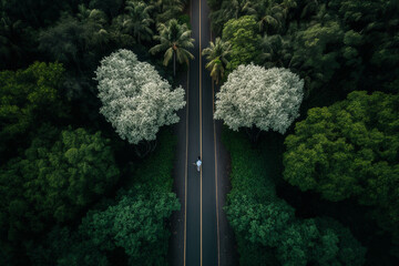 Road leading through green lush rainforest, top drone view. Person with white clothing standing on the road alone. 