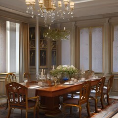 A traditional dining room with a wood table, set for a festive feast with china, crystal, and linen1, Generative AI