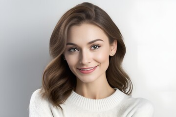 Fototapeta premium Beautiful smiling brunette woman wearing a white sweater on white background, looking at the camera. Generative AI