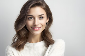 Naklejka premium Beautiful smiling brunette woman wearing a white sweater on white background, looking at the camera. Generative AI