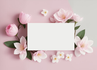 Naklejka na ściany i meble Blank paper card between flowers top view, wedding or greeting card mockup. Generative AI