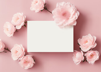 Blank paper card between flowers top view, wedding or greeting card mockup. Generative AI