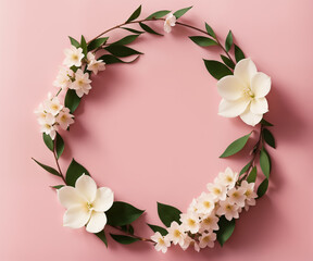 White flowers, green leaves wreath, circle shape with copy space. Generative AI