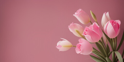 Beautiful pink roses flowers on pink background, top view. Greeting card template. Generative AI