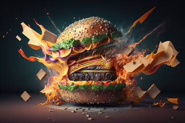 Deconstruction of a cheeseburger, Burger explosion, Generative Ai