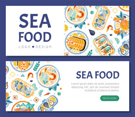 Seafood Design with Fish and Shellfish Dish Served on Plate Vector Template