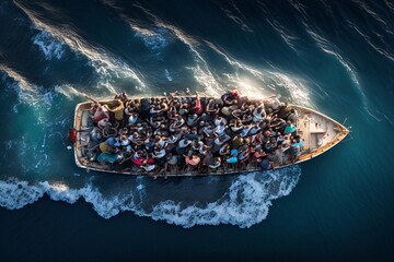 A boat full of migrants in the middle of the ocean