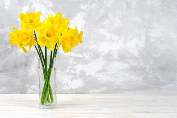 Bouquet of yellow bright daffodils flowers, Easter bells in vase on white plaster background with copy space. Blooming spring flowers. Mockup, template for holiday, birthday, mother's day.