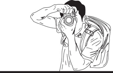 Sketch drawing of young traveling boy holding still camera and doing outdoor photography, Traveling photographer line art vector illustration