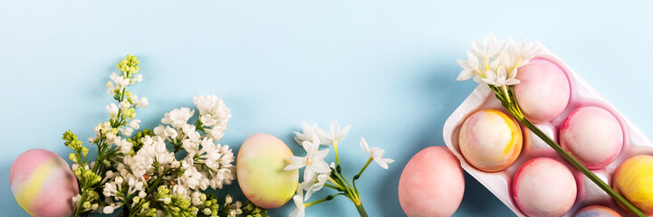 Colorful Easter eggs in a white stand with spring blooming daffodils and white lilac on a blue background. Happy Easter concept. Banner