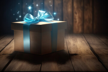 gift box with blue bow on wooden table background. Copy space. Ai generative