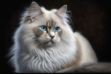 Portrait of a fluffy white ragdoll cat with blue eyes