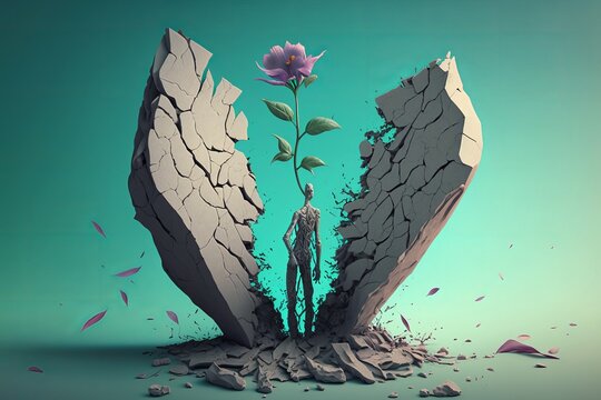 Life and freedom and hope concept , Imagination of surreal scene flower with broken human sculpture, digital artwork illustration Generative AI