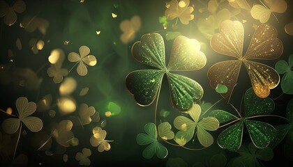 Beautiful Festive background with shining clover shamrocks and golden bokeh. St. Patrick's Day backdrop Generative AI