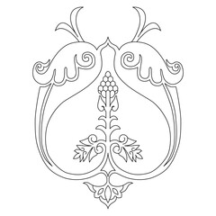 Symmetrical vintage floral ornament with grape motifs. Black and white linear silhouette.	