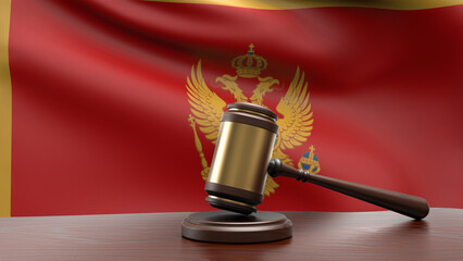 Montenegro country national flag with judge gavel hammer on court desk concept of constitutional law and justice based on wood desk table 3d rendering image