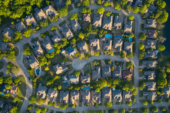 Birds eye view of houses in suburban residential neighborhood in Texas