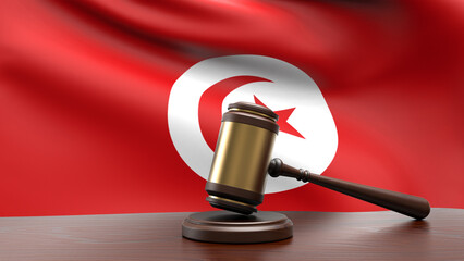 Tunisia country national flag with judge gavel hammer on court desk concept of constitutional law and justice based on wood desk table 3d rendering image