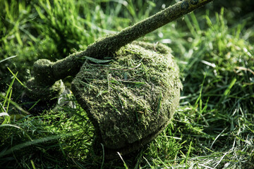 mowing the grass with a lawn mower, garden work concept background
