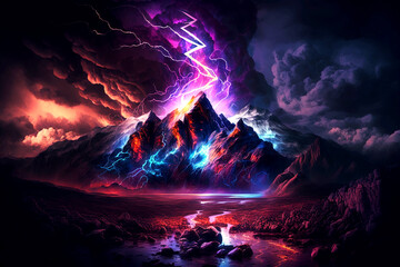 abstract landscape with glowing neon thunderstorm. Generative ai