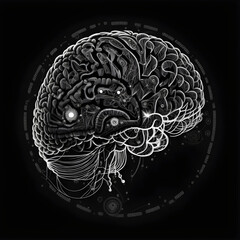 round logo with the brain  in silver on a black background