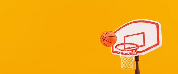 3d illustration of basketball hoot with ball on yellow background. indoor sports concept, copy space