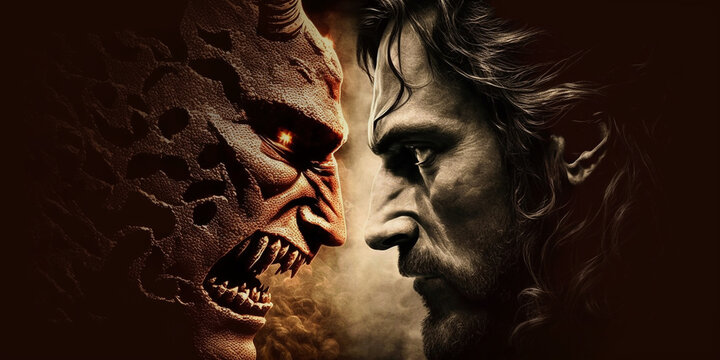 Jesus Christ face to face with lucifer the devil. Conceptual Christian art