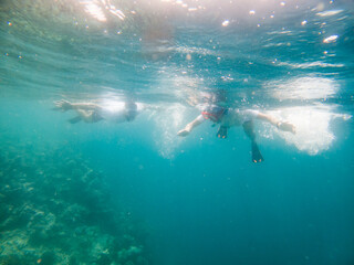 Fototapeta na wymiar couple snorkeling in clear tropical sea