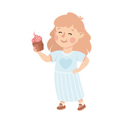 Little Girl Eating Sweet Cupcake with Happy Face Enjoying Sugary Treat Vector Illustration