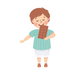 Little Boy Eating Sweet Bar of Chocolate with Happy Face Enjoying Sugary Treat Vector Illustration
