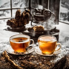 hot tea in glass cup in winter landscape, cookies, winter, snow glass