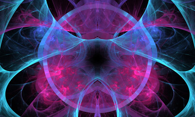 Abstract illustration with symmetric neon geometric pattern.