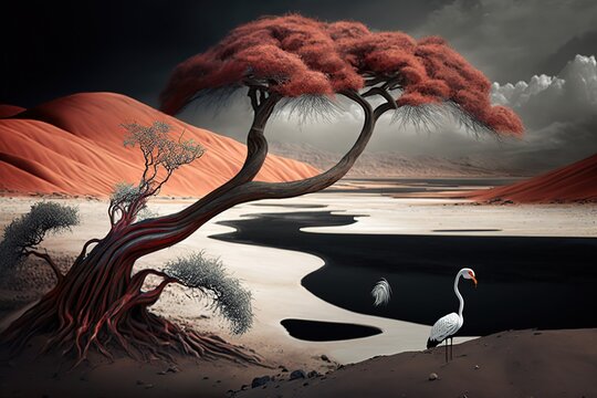 Artificial intelligence futuristic landscape bird under a tree by the river