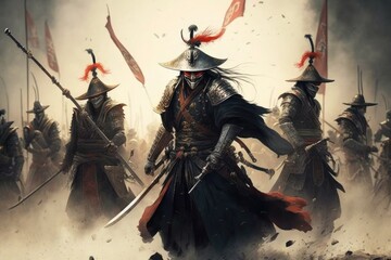 Epic samurai battle.Highly Detailed Illustration of Armored Samurais with a Swords in the epic battle