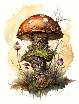 Watercolor Illustration of a Steampunk Mushroom Generative AI