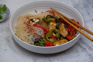 Korean japchae- glass noodles with stir fried tofu and mixed vegetables