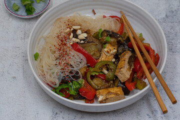 Korean japchae- glass noodles with stir fried tofu and mixed vegetables