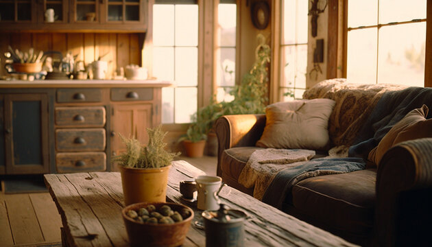 A rustic living room with natural textures, and handcrafted furniture, Cozy, Warm and inviting, Created with generative Ai Technology.