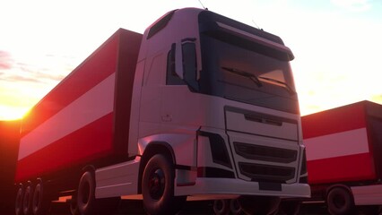 Cargo trucks with Austria flag. Trucks from Austria loading or unloading at warehouse dock - Powered by Adobe