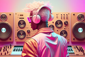 Generative AI Illustration of a music producer and dj creating music in a futuristic studio in vivid and colorful pastel colors