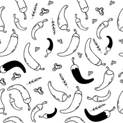Seamless pattern with chili peppers on white background. Vector illustration in doodle style. Seamless background with spicy vegetable for culinary theme design