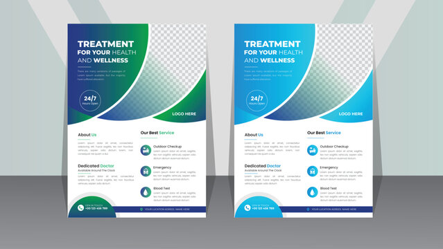Blue and Green Medical Healthcare leaflets Layout Poster for Hospitals cover a4 size template Design, editable layers for printing vector Graphic.
