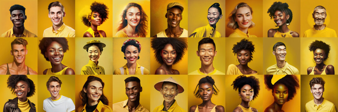 A joyful collage of happy people on a sunny yellow background. Portraits of diverse ages, cultures, and genders share their smiles and happiness. Generative AI.