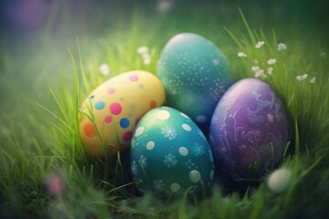 Colorful painted Easter eggs in grass