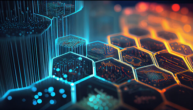 A sterile, white, microscopic, futuristic scene filled with hexagons containing snippets of glowing computer codes and circuitry Beautiful colors and details - Generative AI