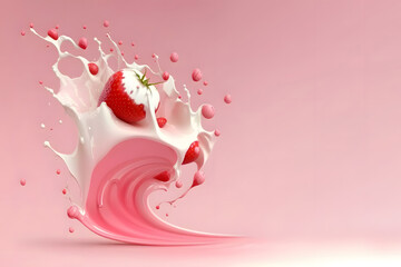 Strawberry in milk splash on pink background. 3d rendering. 3d illustration.. Generative AI technology.