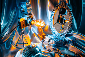 bright glamorous sparkling picture cover advertising clutter on the table decorations lamp mirror sequins luxury and gold