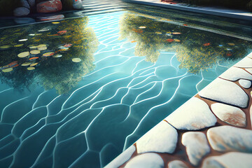 Swimming pool background transparent blue colored clear calm water surface texture with splashes and bubbles. Water waves in sunlight with copy space. Generative ai